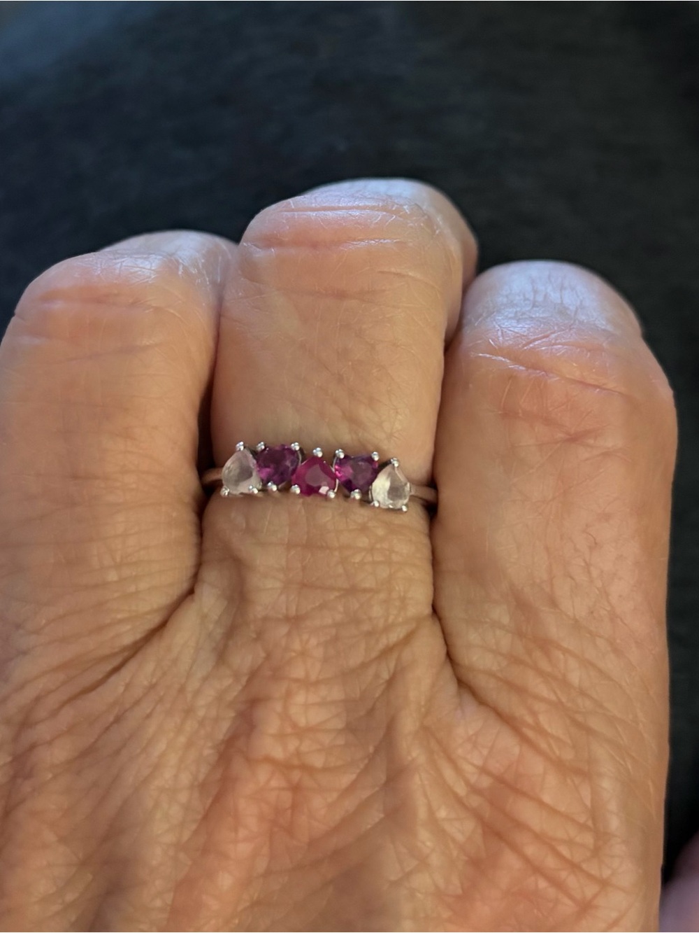 Sterling Silver Love Ring- Pink Gemstone Five-Stone Ring - Heart Shaped Stones